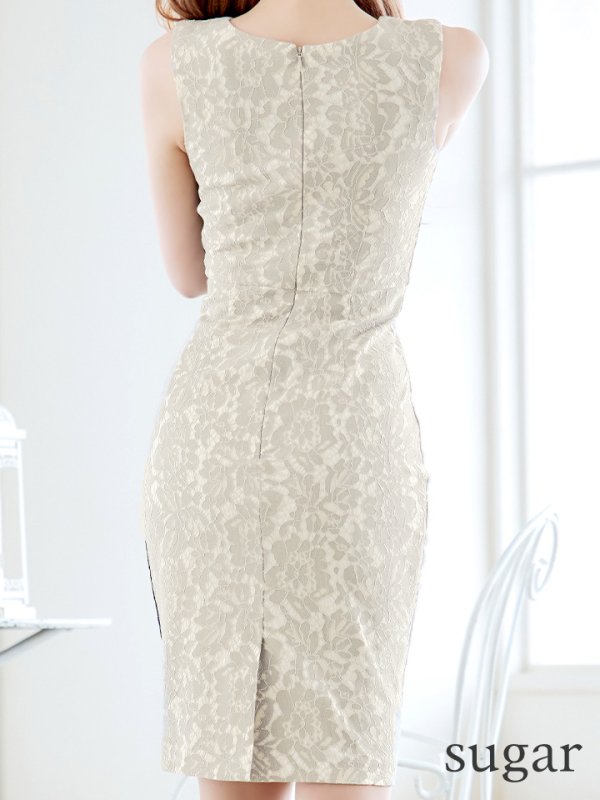 画像9: Lサイズあり【VANESSA HEART / ヴァネッサハート】【OF05】バイカラー/ レース/ スクエアネック/ ノースリーブ/ パールボタン/ タイト/ ひざ丈/ ミディアムドレス/ キャバドレス (9)