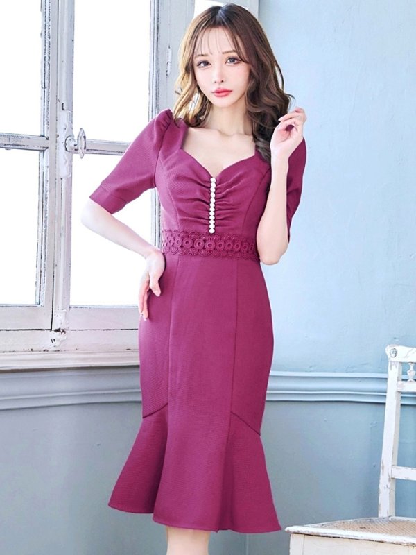 画像5: Lサイズあり【VANESSA HEART / ヴァネッサハート】【OF05】 マーメイド/ パール/ フラワーレース/ 袖あり/ パフスリーブ/ 半袖/ 膝丈/ ミディアムドレス/ キャバドレス (5)