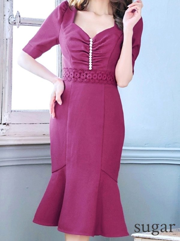 画像11: Lサイズあり【VANESSA HEART / ヴァネッサハート】【OF05】 マーメイド/ パール/ フラワーレース/ 袖あり/ パフスリーブ/ 半袖/ 膝丈/ ミディアムドレス/ キャバドレス (11)