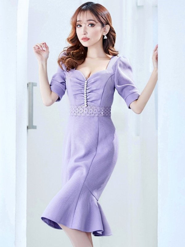 画像15: Lサイズあり【VANESSA HEART / ヴァネッサハート】【OF05】 マーメイド/ パール/ フラワーレース/ 袖あり/ パフスリーブ/ 半袖/ 膝丈/ ミディアムドレス/ キャバドレス (15)