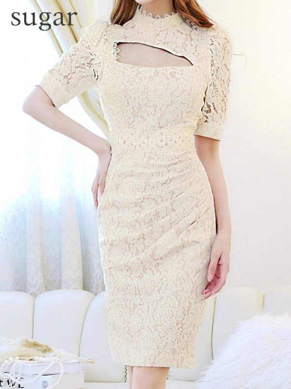 画像14: Lサイズあり【VANESSA HEART / ヴァネッサハート】【OF05】 総レース/ バストカットアウト/ 袖あり/ 半袖/ フリル/ タイト/ 膝丈/ ミディアムドレス/ キャバドレス (14)