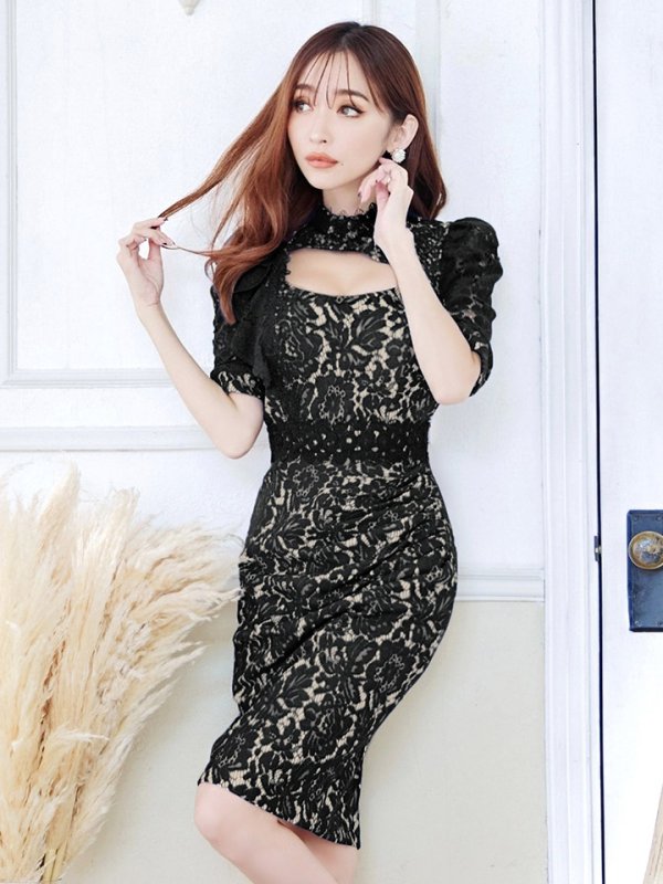 画像36: Lサイズあり【VANESSA HEART / ヴァネッサハート】【OF05】 総レース/ バストカットアウト/ 袖あり/ 半袖/ フリル/ タイト/ 膝丈/ ミディアムドレス/ キャバドレス (36)