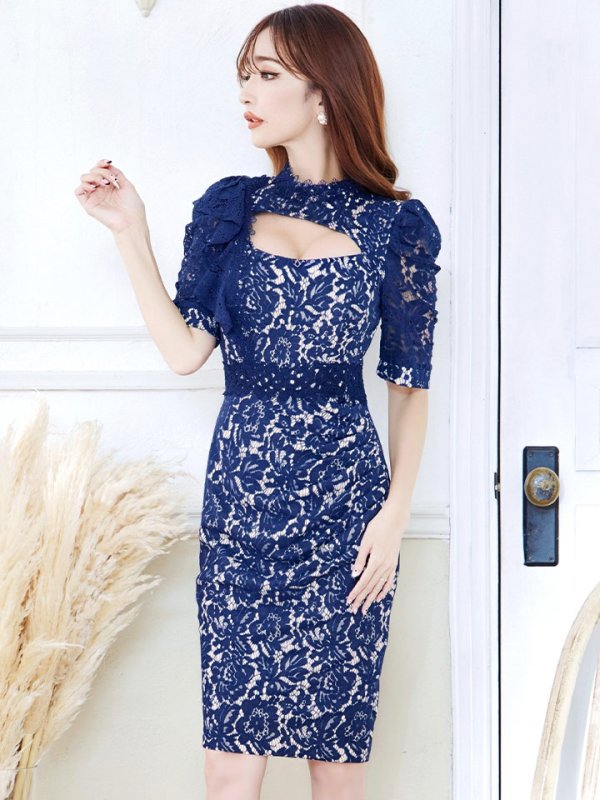 画像25: Lサイズあり【VANESSA HEART / ヴァネッサハート】【OF05】 総レース/ バストカットアウト/ 袖あり/ 半袖/ フリル/ タイト/ 膝丈/ ミディアムドレス/ キャバドレス (25)