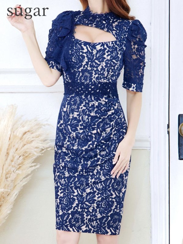 画像27: Lサイズあり【VANESSA HEART / ヴァネッサハート】【OF05】 総レース/ バストカットアウト/ 袖あり/ 半袖/ フリル/ タイト/ 膝丈/ ミディアムドレス/ キャバドレス (27)