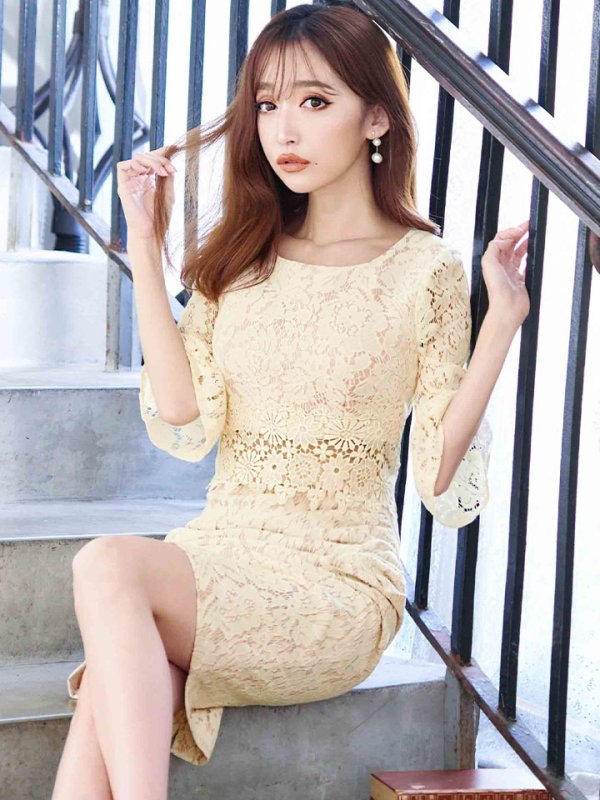 画像32: Lサイズあり【VANESSA HEART / ヴァネッサハート】【OF05】 総レース/ ワンカラー/ 袖あり/ 七分袖/ タイト/ 膝丈/ ミディアムドレス/ キャバドレス (32)