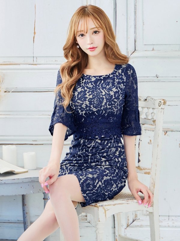 画像14: Lサイズあり【VANESSA HEART / ヴァネッサハート】【OF05】 総レース/ ワンカラー/ 袖あり/ 七分袖/ タイト/ 膝丈/ ミディアムドレス/ キャバドレス (14)