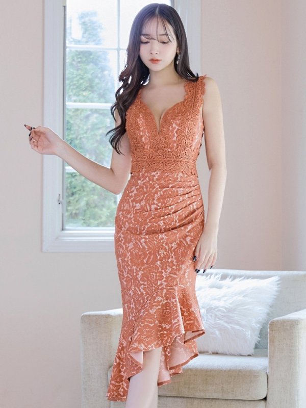 画像42: Lサイズあり【VANESSA HEART / ヴァネッサハート】【OF05】マーメイド/ 総レース/ タック/ アシンメトリーフリル/ ノースリーブ/ ひざ丈/ ワンピース/ ミディアムドレス/ キャバドレス (42)