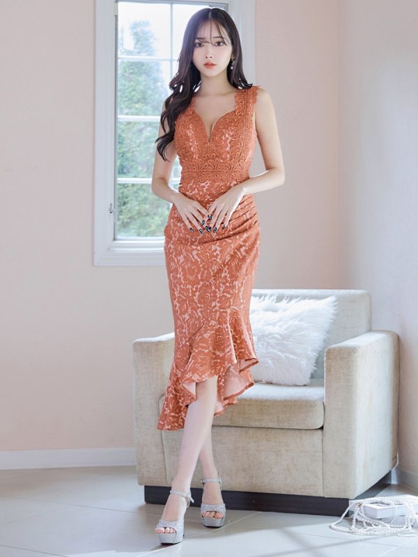 画像46: Lサイズあり【VANESSA HEART / ヴァネッサハート】【OF05】マーメイド/ 総レース/ タック/ アシンメトリーフリル/ ノースリーブ/ ひざ丈/ ワンピース/ ミディアムドレス/ キャバドレス (46)