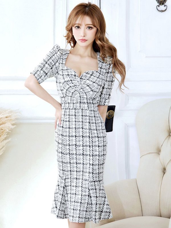 画像15: Lサイズあり【VANESSA HEART / ヴァネッサハート】【OF05】 チェック柄/ ストレッチ/ パフスリーブ/ 半袖/ 袖あり/ ひざ丈/ 裾フリル/ マーメイド/ ミディアムドレス/ キャバドレス (15)