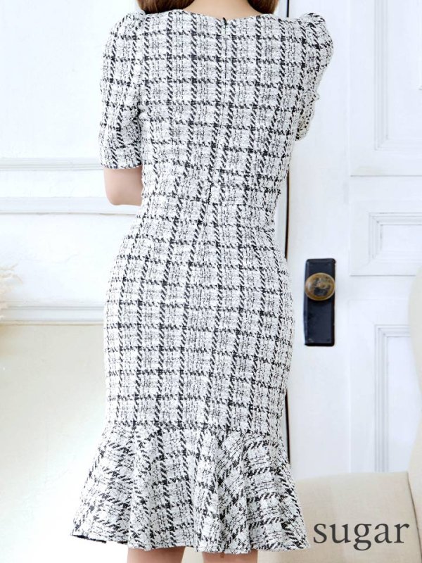 画像20: Lサイズあり【VANESSA HEART / ヴァネッサハート】【OF05】 チェック柄/ ストレッチ/ パフスリーブ/ 半袖/ 袖あり/ ひざ丈/ 裾フリル/ マーメイド/ ミディアムドレス/ キャバドレス (20)