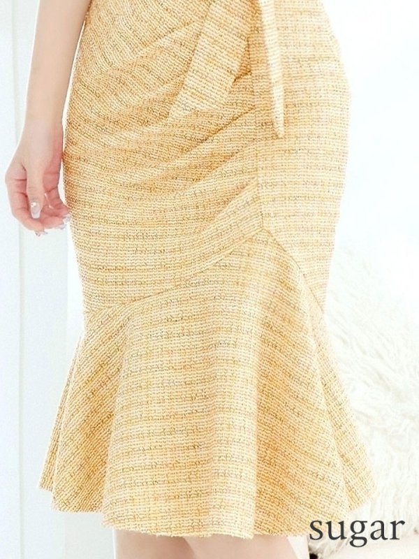 画像33: Lサイズあり【VANESSA HEART / ヴァネッサハート】【OF05】 ミックスツイード/ スクエアネック/ パフスリーブ/ 半袖/ 袖あり/ ひざ丈/ ウエストリボン/ 裾フリル/ マーメイド/ ミディアムドレス/ キャバドレス (33)