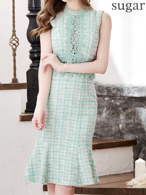 画像8: Lサイズあり【VANESSA HEART / ヴァネッサハート】【OF05】 チェック柄/ ストレッチ/ ツイード/ フラワーレース/ ノースリーブ/ ひざ丈/ 裾フリル/ マーメイド/ ミディアムドレス/ キャバドレス (8)