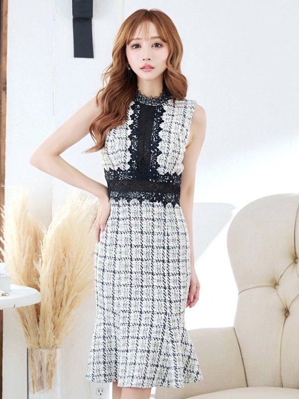 画像13: Lサイズあり【VANESSA HEART / ヴァネッサハート】【OF05】 チェック柄/ ストレッチ/ ツイード/ フラワーレース/ ノースリーブ/ ひざ丈/ 裾フリル/ マーメイド/ ミディアムドレス/ キャバドレス (13)