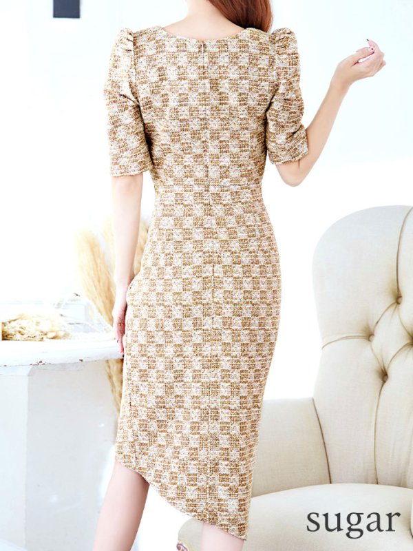 画像18: Lサイズあり【VANESSA HEART / ヴァネッサハート】【OF05】 チェック/ アシンメトリー/ パフスリーブ/ 半袖/ 袖あり/ ひざ丈/ タック/ ストレッチ/ ミディアムドレス/ キャバドレス (18)