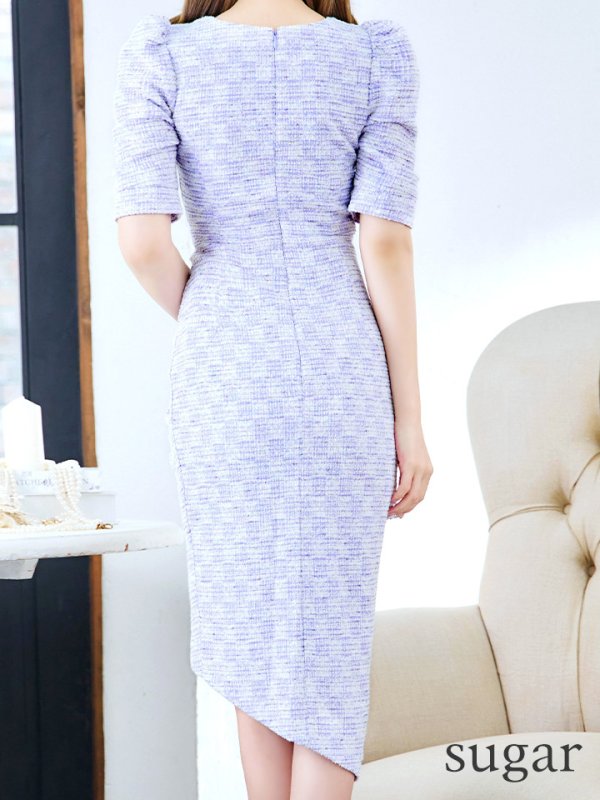 画像27: Lサイズあり【VANESSA HEART / ヴァネッサハート】【OF05】 チェック/ アシンメトリー/ パフスリーブ/ 半袖/ 袖あり/ ひざ丈/ タック/ ストレッチ/ ミディアムドレス/ キャバドレス (27)