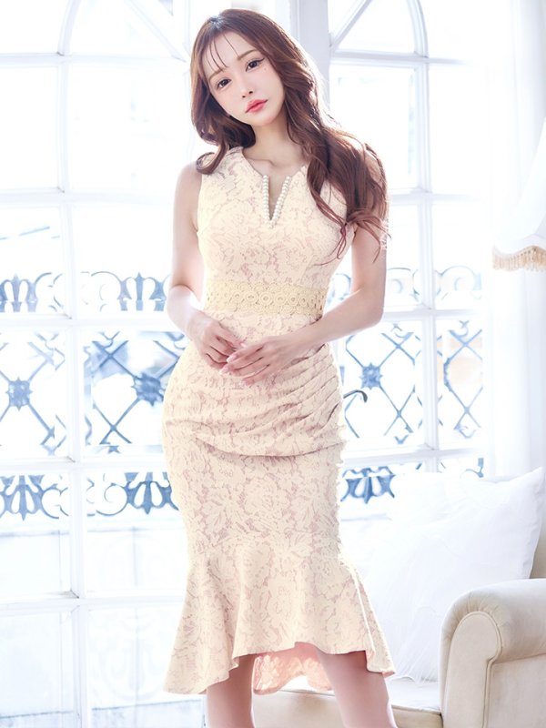 画像29: Lサイズあり【VANESSA HEART / ヴァネッサハート】【OF05】フラワーレース/ パール/ ノースリーブ/ Vネック/ 裾フリル/ マーメイド/ ミディアムドレス/ ワンピース/ キャバドレス (29)