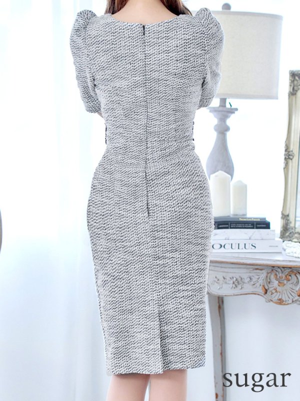 画像21: Lサイズあり【VANESSA HEART / ヴァネッサハート】【OF05】 パール/ ミックスツイード/ 袖あり/ パフスリーブ/ 半袖/ 膝丈/ タイト/ ミディアムドレス/ キャバドレス (21)