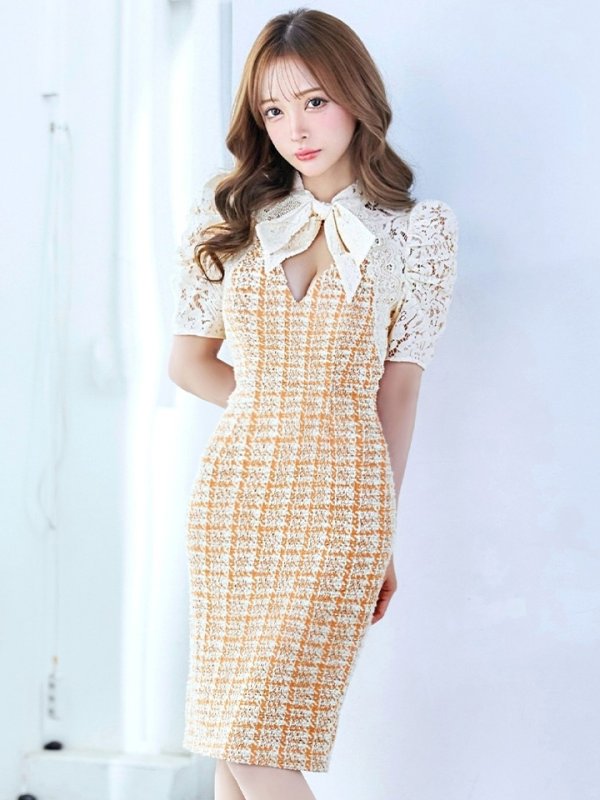 画像2: Lサイズあり【VANESSA HEART / ヴァネッサハート】【OF05】ツイード/ チェック/ パフスリーブ/ 袖あり/ レース/ リボン/ タイト/ ミディアムドレス/ キャバドレス (2)
