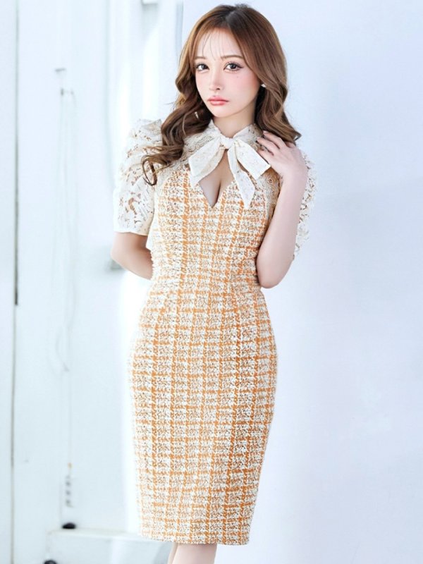 画像4: Lサイズあり【VANESSA HEART / ヴァネッサハート】【OF05】ツイード/ チェック/ パフスリーブ/ 袖あり/ レース/ リボン/ タイト/ ミディアムドレス/ キャバドレス (4)