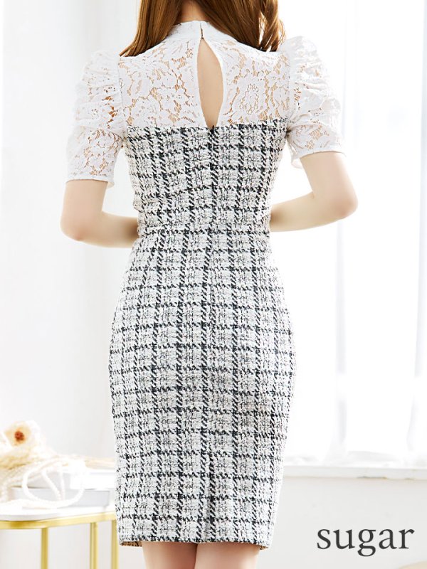 画像18: Lサイズあり【VANESSA HEART / ヴァネッサハート】【OF05】ツイード/ チェック/ パフスリーブ/ 袖あり/ レース/ リボン/ タイト/ ミディアムドレス/ キャバドレス (18)