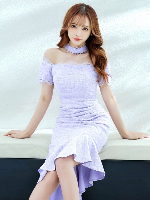 画像7: Lサイズあり【VANESSA HEART / ヴァネッサハート】【OF05】チョーカー付き/ レース/ ツイード/ オフショル/ アシンメトリー/ 裾フリル/ ひざ丈/ ミディアムドレス/ ワンピース/ キャバドレス (7)