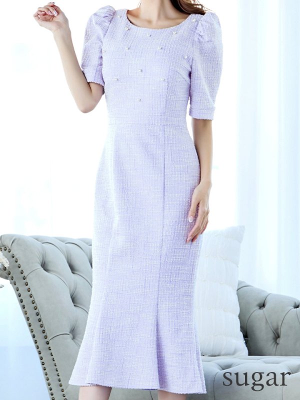 画像7: Lサイズあり【VANESSA HEART / ヴァネッサハート】【OF05】ボートネック/ パール/ ツイード/ 半袖/ 袖あり/ タイト/ ひざ丈/ マーメイド/ ミディアムドレス/ ワンピース/ キャバドレス (7)