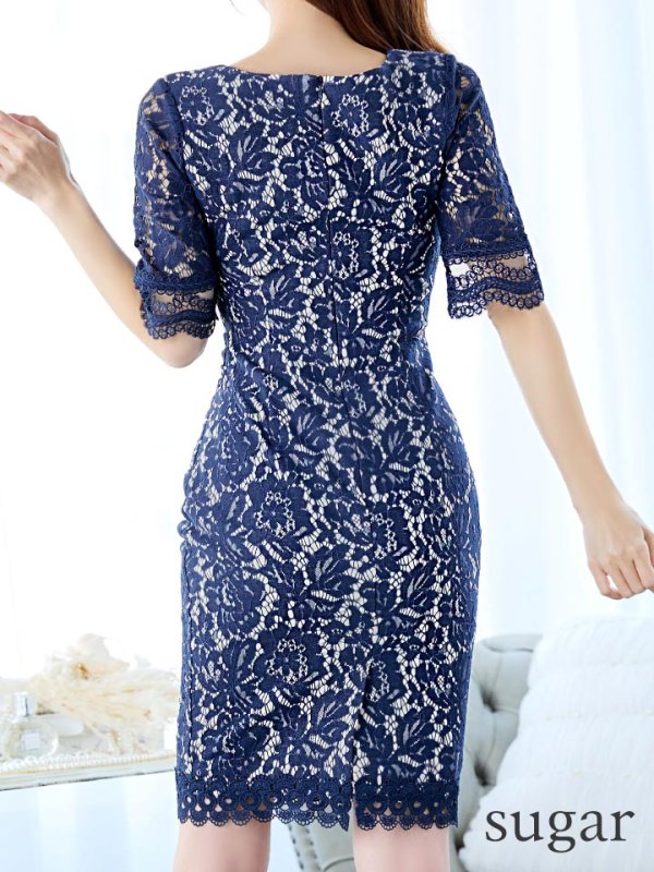 画像27: Lサイズあり【VANESSA HEART / ヴァネッサハート】【OF05】フラワーレース/ ドレープ/ 半袖/ 袖あり/ タイト/ 膝丈/ ワンピース/ ミディアムドレス/ キャバドレス (27)