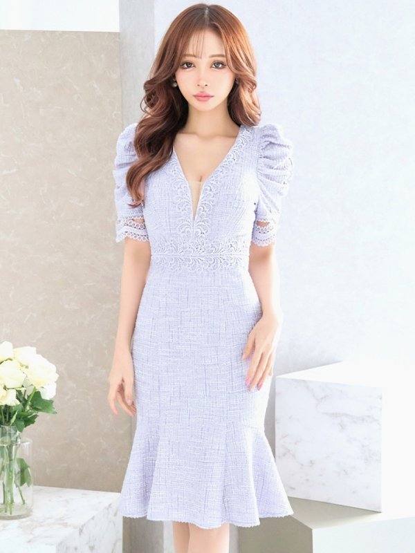 画像11: Lサイズあり【VANESSA HEART / ヴァネッサハート】【OF05】 パフスリーブ/ ツイード/ 半袖/ 袖あり/ ひざ丈/ 裾フリル/ マーメイド/ ミディアムドレス/ キャバドレス (11)