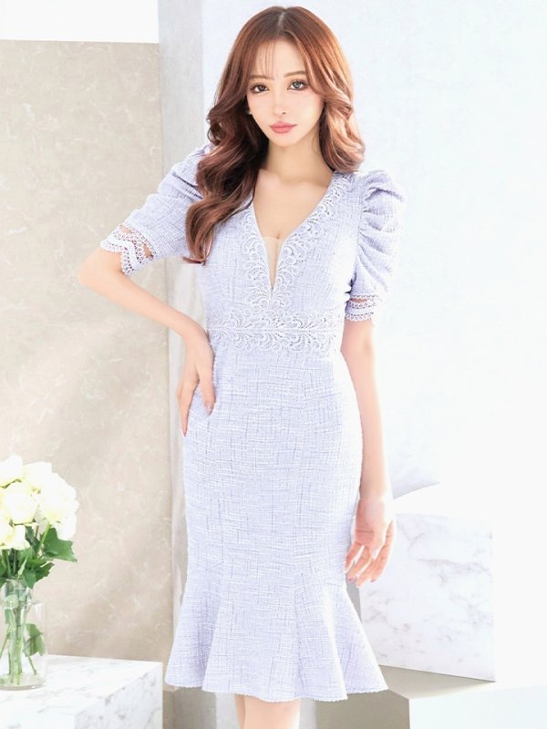 画像13: Lサイズあり【VANESSA HEART / ヴァネッサハート】【OF05】 パフスリーブ/ ツイード/ 半袖/ 袖あり/ ひざ丈/ 裾フリル/ マーメイド/ ミディアムドレス/ キャバドレス (13)