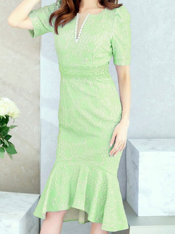 画像48: Lサイズあり【VANESSA HEART / ヴァネッサハート】【OF05】 総レース/ パール/ マーメイド/ 袖あり/ 半袖/ 膝丈/ ミディアムドレス/ キャバドレス (48)