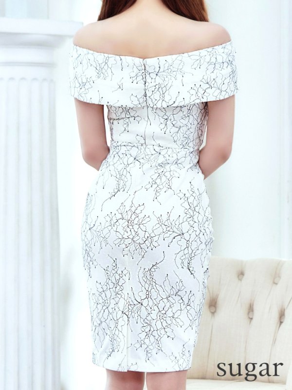 画像21: Lサイズあり【VANESSA HEART / ヴァネッサハート】【OF05】 オフショル/ フラワーレース/ タック/ ひざ丈/ タイト/ ミディアムドレス/ キャバドレス (21)