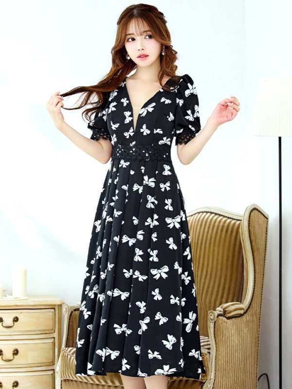 画像2: Lサイズあり【VANESSA HEART / ヴァネッサハート】【OF05】リボン/ 半袖/ シアー/ Vネック/ プリーツ/ フレア/ ミディアムドレス/ ワンピース/ キャバドレス (2)