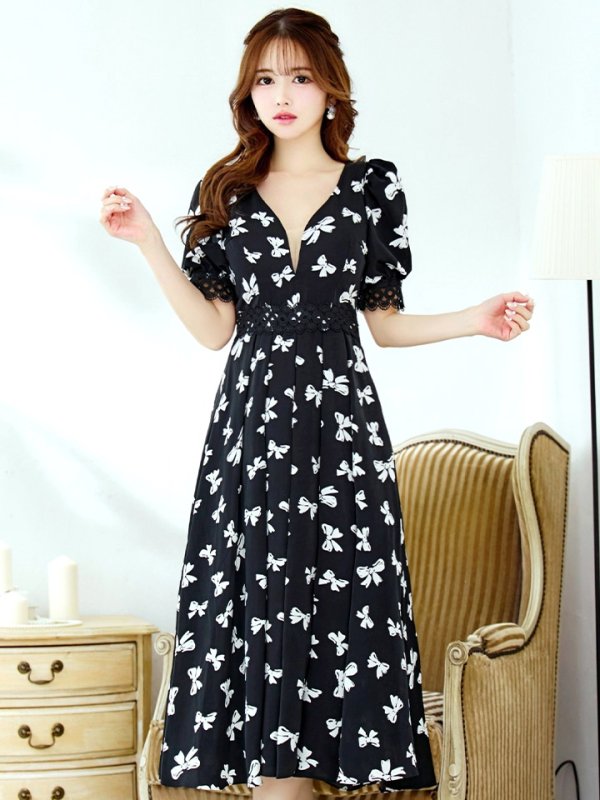 画像5: Lサイズあり【VANESSA HEART / ヴァネッサハート】【OF05】リボン/ 半袖/ シアー/ Vネック/ プリーツ/ フレア/ ミディアムドレス/ ワンピース/ キャバドレス (5)