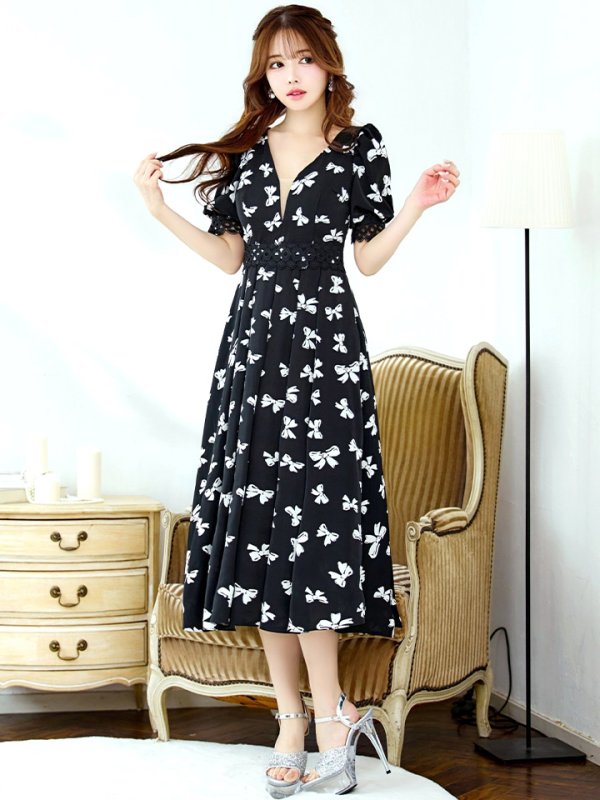 画像6: Lサイズあり【VANESSA HEART / ヴァネッサハート】【OF05】リボン/ 半袖/ シアー/ Vネック/ プリーツ/ フレア/ ミディアムドレス/ ワンピース/ キャバドレス (6)