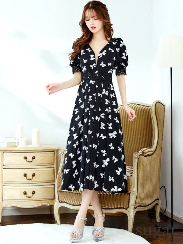 画像7: Lサイズあり【VANESSA HEART / ヴァネッサハート】【OF05】リボン/ 半袖/ シアー/ Vネック/ プリーツ/ フレア/ ミディアムドレス/ ワンピース/ キャバドレス (7)