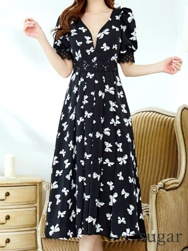 画像8: Lサイズあり【VANESSA HEART / ヴァネッサハート】【OF05】リボン/ 半袖/ シアー/ Vネック/ プリーツ/ フレア/ ミディアムドレス/ ワンピース/ キャバドレス (8)