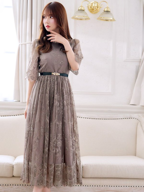 画像3: 【VANESSA HEART / ヴァネッサハート】【OF05】 アクセサリー付き/ ベルト/ 総レース/ 袖あり/ 七分袖/ ミモレ丈/ ワンピース/ キャバドレス (3)