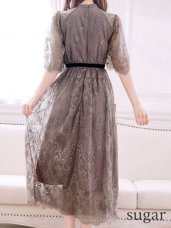 画像9: 【VANESSA HEART / ヴァネッサハート】【OF05】 アクセサリー付き/ ベルト/ 総レース/ 袖あり/ 七分袖/ ミモレ丈/ ワンピース/ キャバドレス (9)