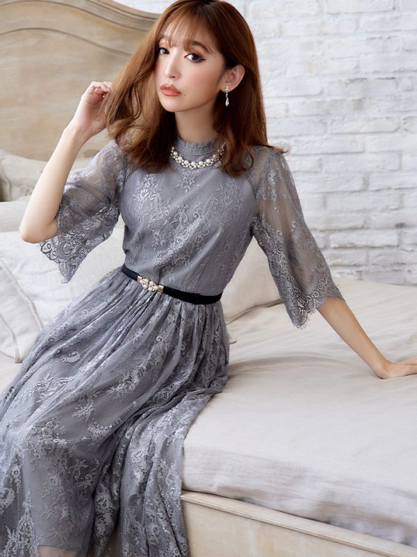 画像6: 【VANESSA HEART / ヴァネッサハート】【OF05】 アクセサリー付き/ ベルト/ 総レース/ 袖あり/ 七分袖/ ミモレ丈/ ワンピース/ キャバドレス (6)