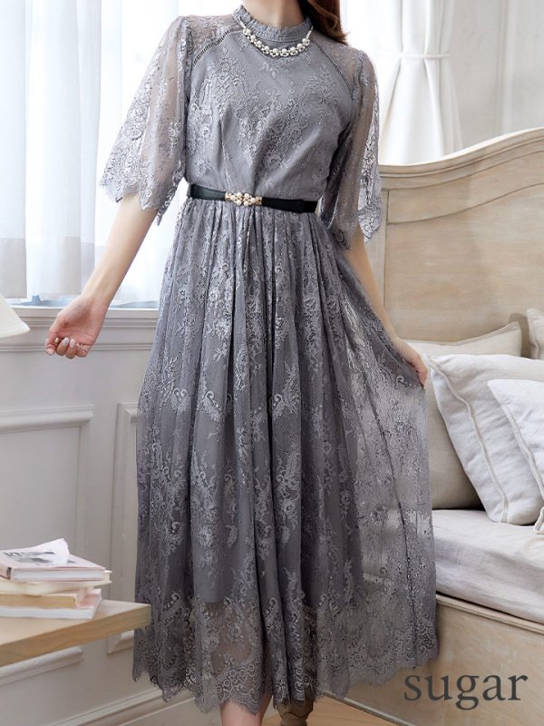 画像10: 【VANESSA HEART / ヴァネッサハート】【OF05】 アクセサリー付き/ ベルト/ 総レース/ 袖あり/ 七分袖/ ミモレ丈/ ワンピース/ キャバドレス (10)