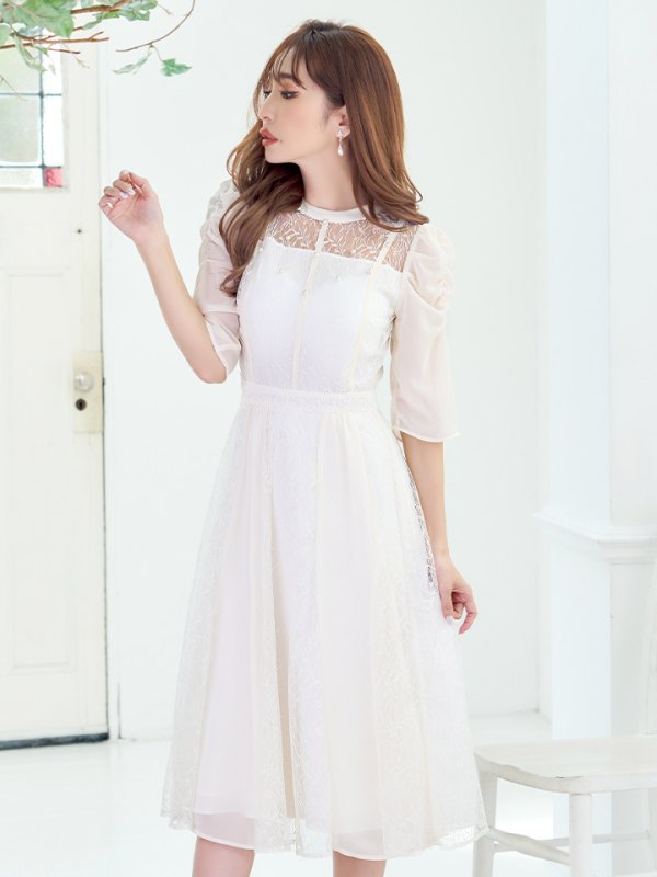 画像2: Lサイズあり【VANESSA HEART / ヴァネッサハート】【OF05】 パフスリーブ/ ベルスリーブ/ レース/ 袖あり/ 七分袖/ 長袖/ ミモレ丈/ ワンピース/ ミディアムドレス/ キャバドレス (2)