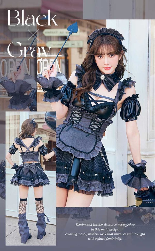 画像3: 【即日発送】レザーエッジデニムメイド【Malymoon/マリームーン】【ハロウィンコスプレ12点セット】【フリーサイズ/ワンカラー】[HC03] (3)