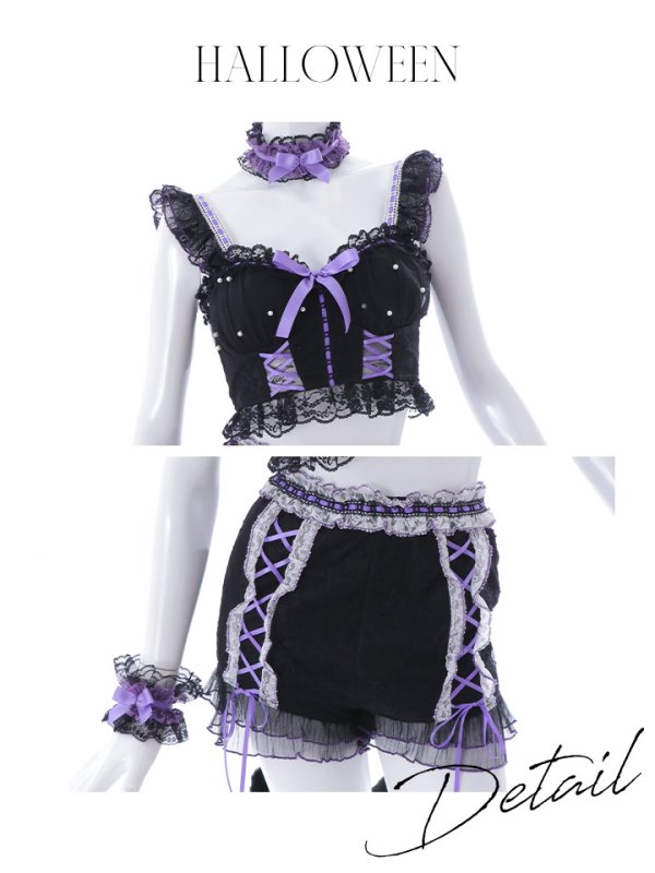 画像21: 【SALE!!】【即日発送】【ハロウィン】パールレースキャットセットアップ【コスプレ6点セット】【S-Mサイズ/2カラー】[OF01] (21)