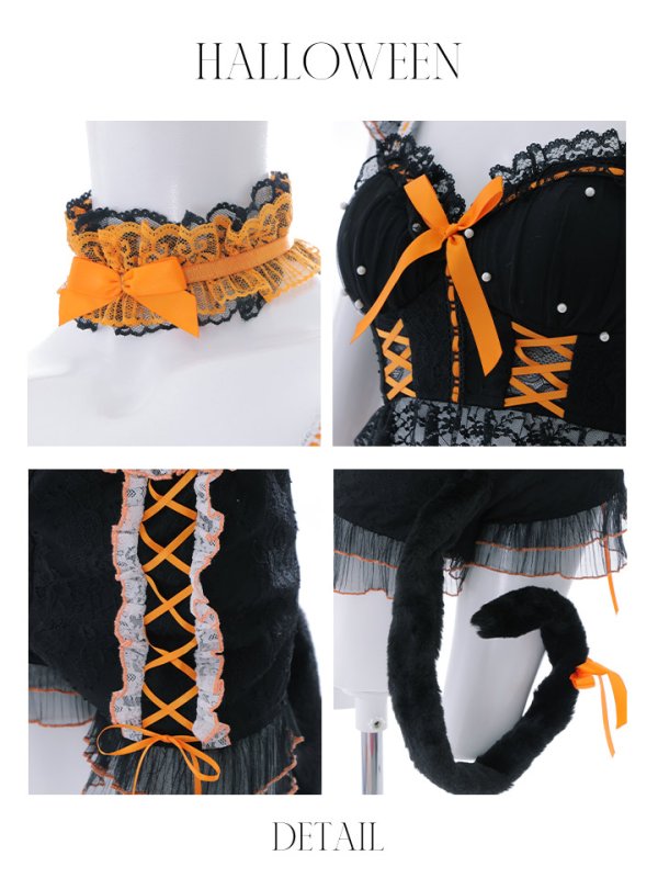 画像25: 【SALE!!】【即日発送】【ハロウィン】パールレースキャットセットアップ【コスプレ6点セット】【S-Mサイズ/2カラー】[OF01] (25)