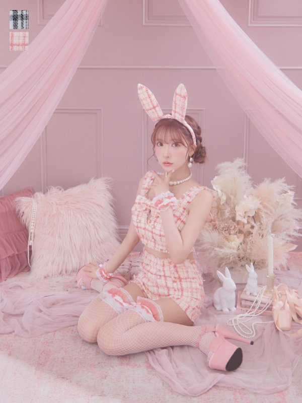 画像16: 【SALE!!】【即日発送】【ハロウィン】ツイードバニーリボンセットアップ（パンツ）【コスプレ6点セット】 【XS-Mサイズ/2カラー】[OF04] (16)