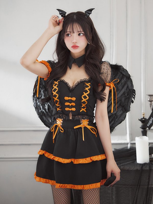 画像2: 【SALE!!】【即日発送！】【ハロウィン】レースアップデビルスカートセットアップ 【コスプレ6点セット】[HC03-H] (2)