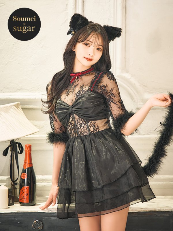 画像2: 【SALE!!】【即日発送！】【ハロウィン】 黒猫シアーレースワンピース 【コスプレ5点セット】 【S-XLサイズ/1カラー】[HC03] (2)