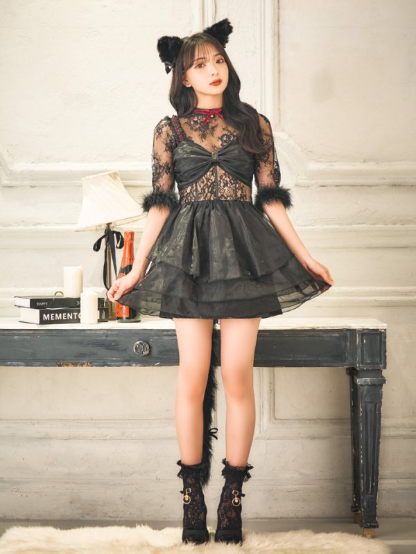 画像7: 【SALE!!】【即日発送！】【ハロウィン】 黒猫シアーレースワンピース 【コスプレ5点セット】 【S-XLサイズ/1カラー】[HC03] (7)
