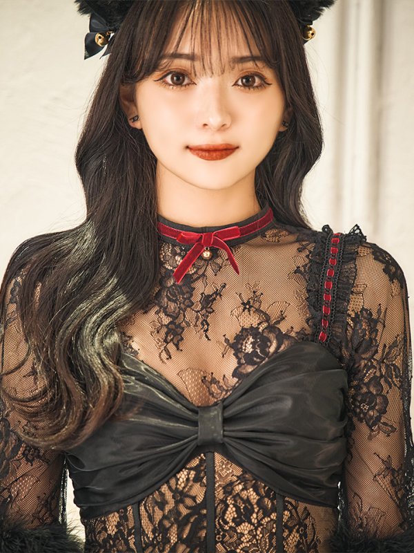 画像9: 【SALE!!】【即日発送！】【ハロウィン】 黒猫シアーレースワンピース 【コスプレ5点セット】 【S-XLサイズ/1カラー】[HC03] (9)