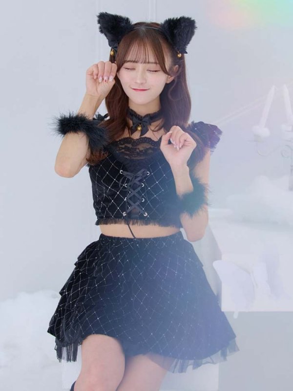 画像4: 【即日発送】【ハロウィン】キャットオフショルビジューセットアップ【コスプレ6点セット】【XS-Lサイズ/3カラー】[HC03] (4)